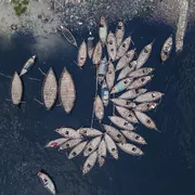 Aerial view of Wooden passenger boats along the Buriganga River, Sadarghat, Dhaka, Bangladesh