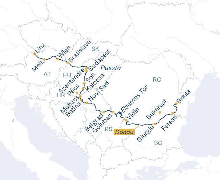 Routenplan MS Thurgau Prestige Linz–Donaudelta–Linz