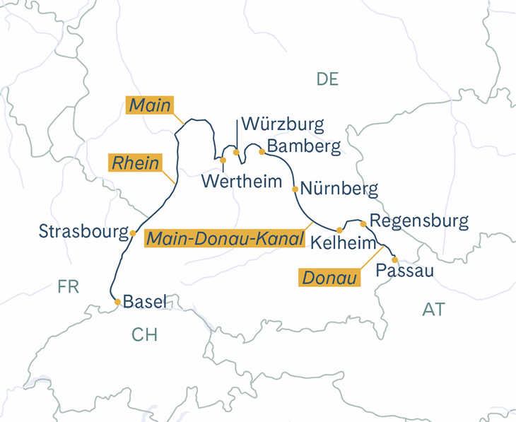 Routenplan Thurgau Prestige Passau–Würzburg–Basel