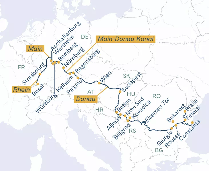 Routenplan MS Thurgau Prestige Basel-Constanta