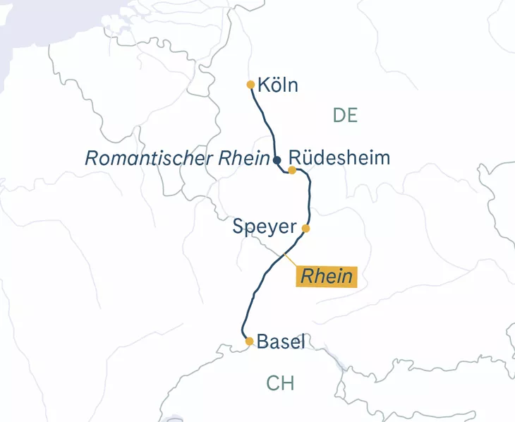 Routenplan Basel–Köln–Rüdesheim–Basel