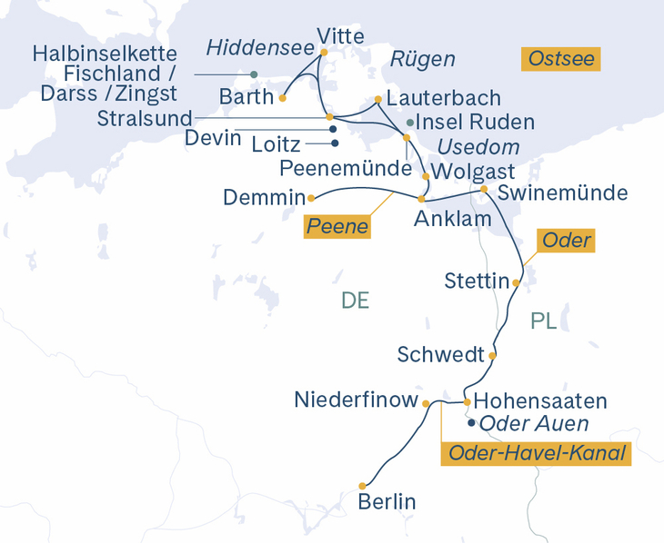 Routenplan Wandern Berlin-Stettin-Swinemünde-Peenemünde-Stralsund-Barth-Vitte-Lauterbach-Wolgast-Anklam-Demmin
