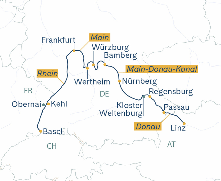 Routenplan Linz–Passau–Nürnberg–Basel MS Thurgau Prestige