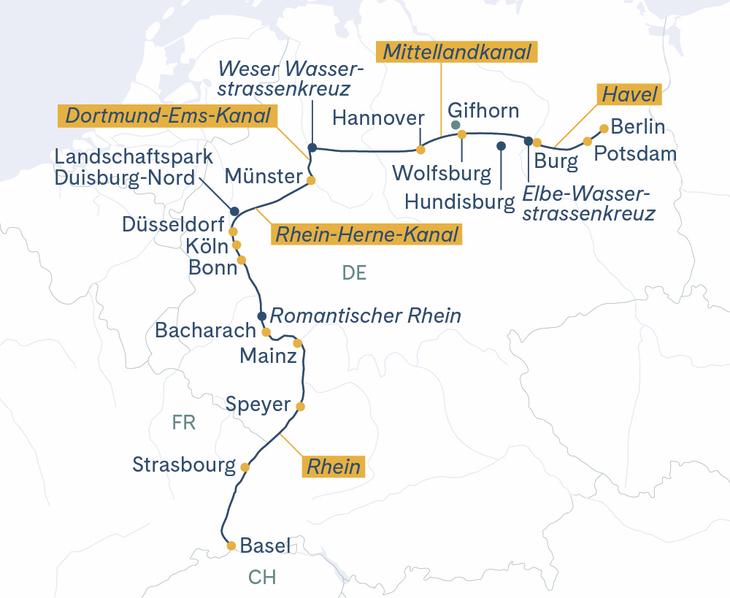 Routenplan Garten Berlin-Potsdam-Magdeburg-Hannover-Münster-Düsseldorf-Köln-Speyer-Strasbourg-Basel