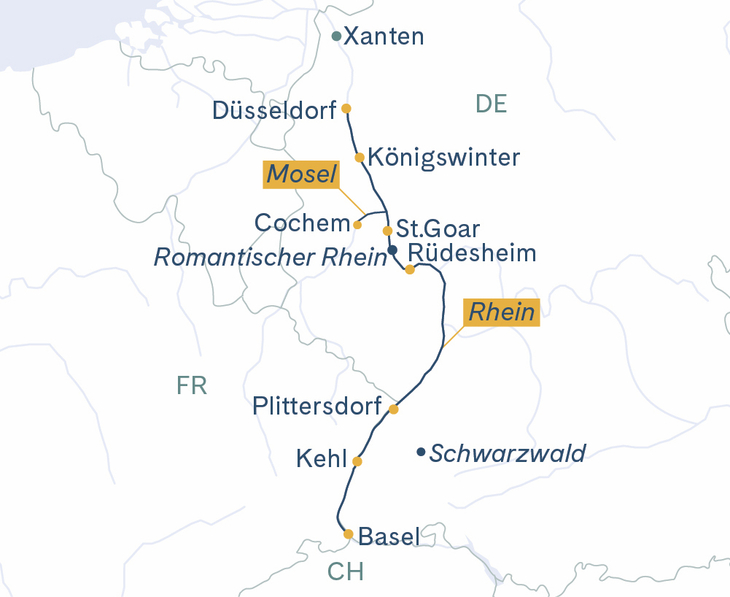 Routenplan MS Thurgau Avanti Basel–Cochem–Düsseldorf–Basel