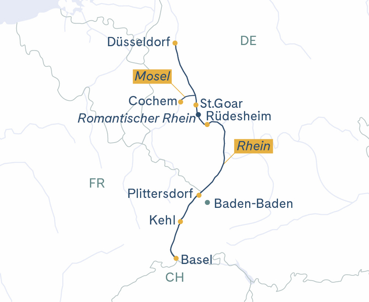 Routenplan MS Thurgau Avanti Basel–Düsseldorf–Cochem–Basel