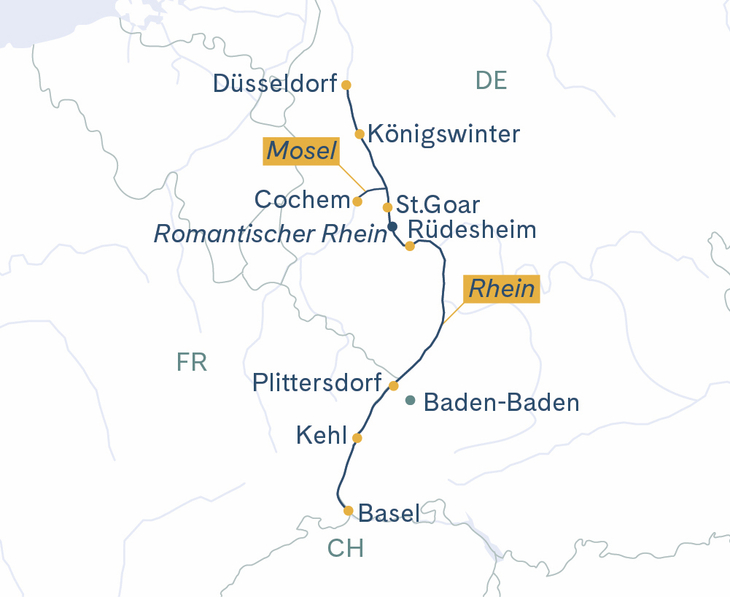 Routenplan MS Thurgau Avanti Basel–Cochem–Düsseldorf–Basel