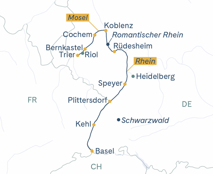 Routenplan MS Thurgau Avanti Basel–Trier–Koblenz–Basel