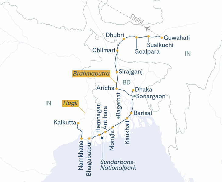 Routenplan Kalkutta-Dhaka-Guwahati