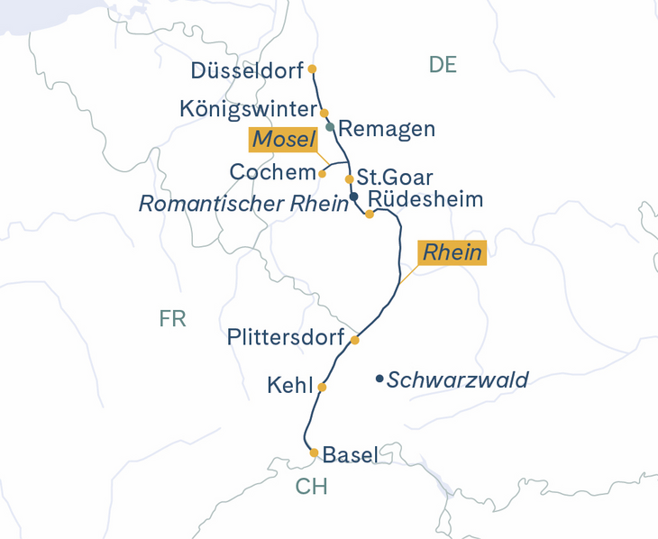 Routenplan MS Thurgau Avanti Düsseldorf–Cochem–Basel–Düsseldorf