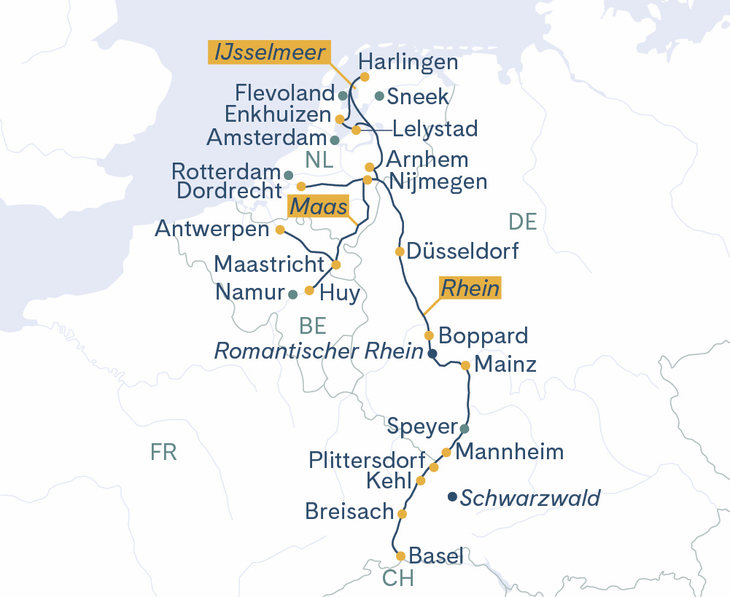 Routenplan MS Thurgau Avanti Basel–Flandern–Holland–Friesland(–Basel)