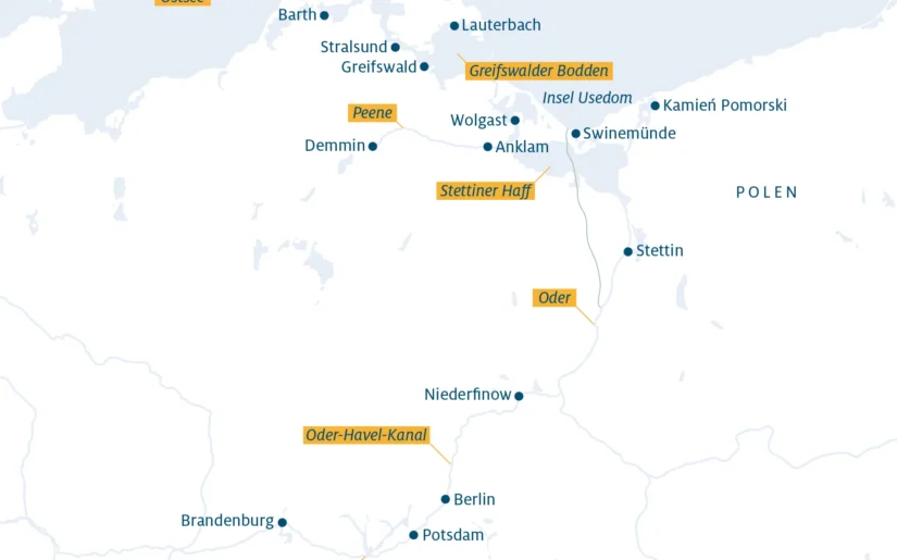Bild zeigt eine Karte der Flüsse Havel Oder und Teile der Ostsee für Flusskreuzfahrt ab Stralsund